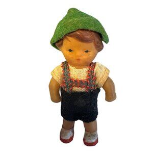 Vintage German ARI Rubber Doll 3" Dollhouse Miniature Red Shoes Green Hat